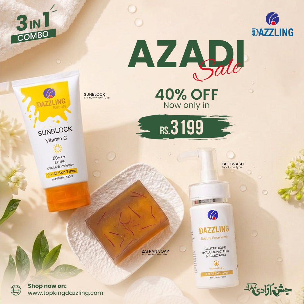 Dazzling Beauty Azadi Sale 3-in-1 Combo (Sunblock, Facewash & Zafran Soap)